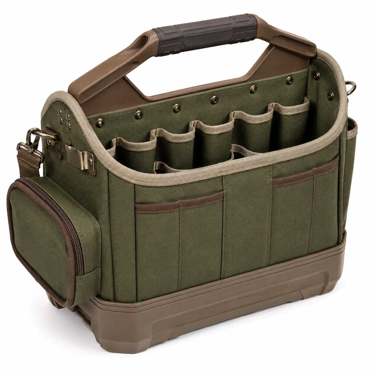 Bolsa de herramientas verde con compartimentos múltiples y asa ergonómica
