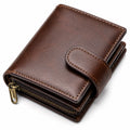 Cartera de cuero marrón con cremallera y broche