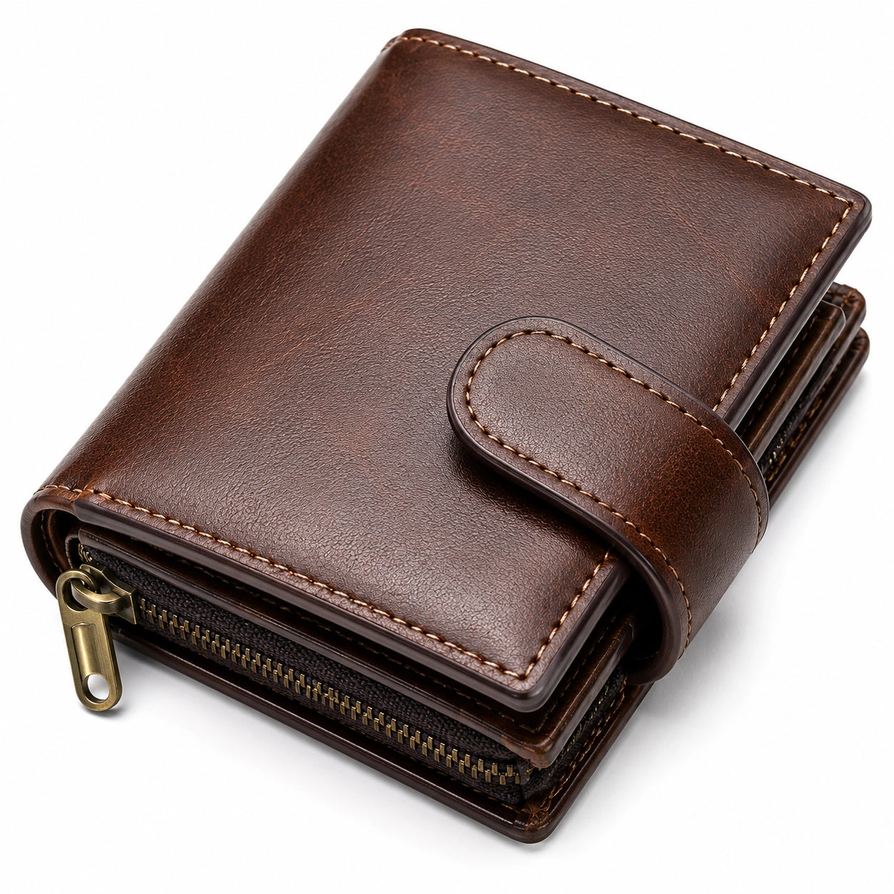 Cartera de cuero marrón con cremallera y broche