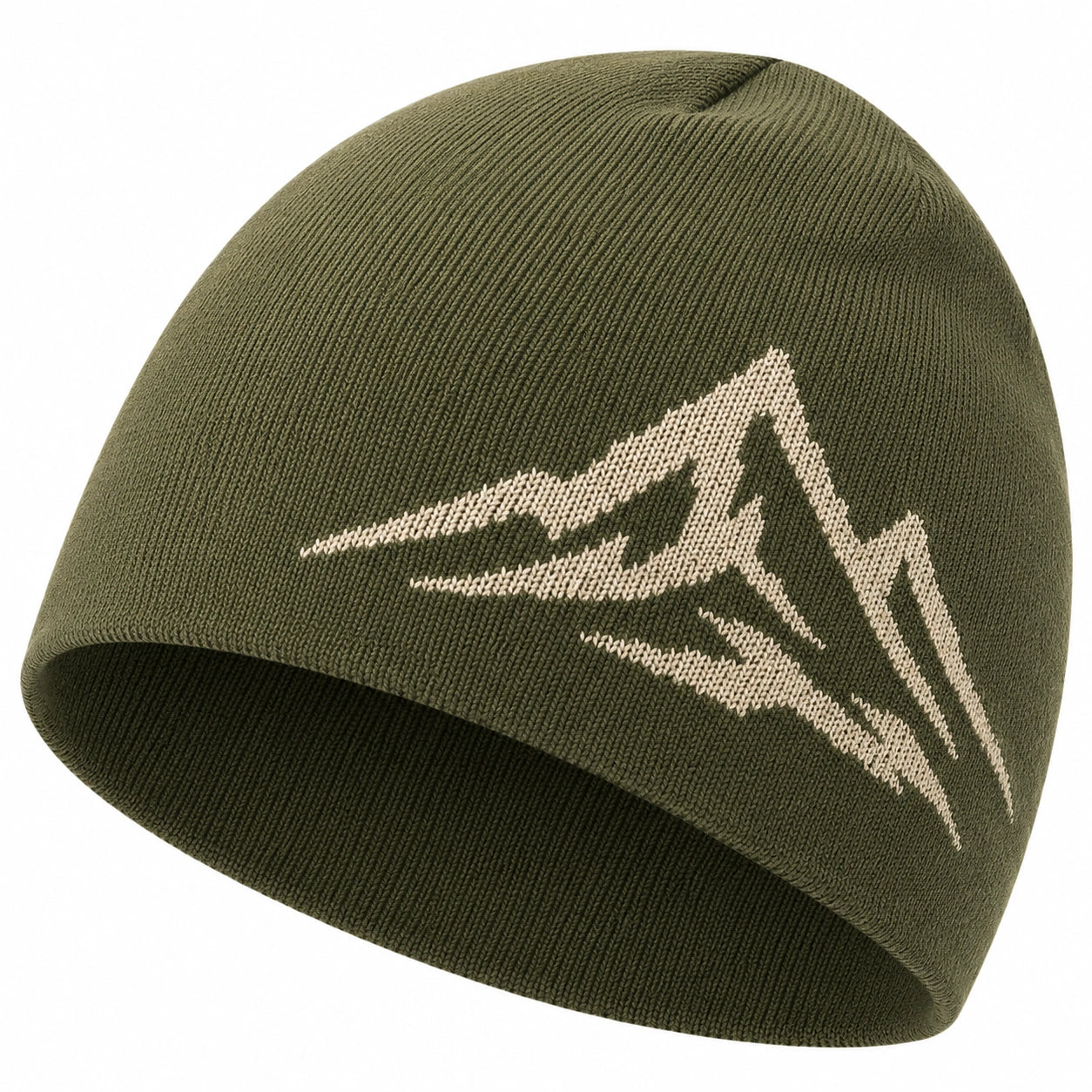 Gorro unisex verde oliva con diseño de montaña