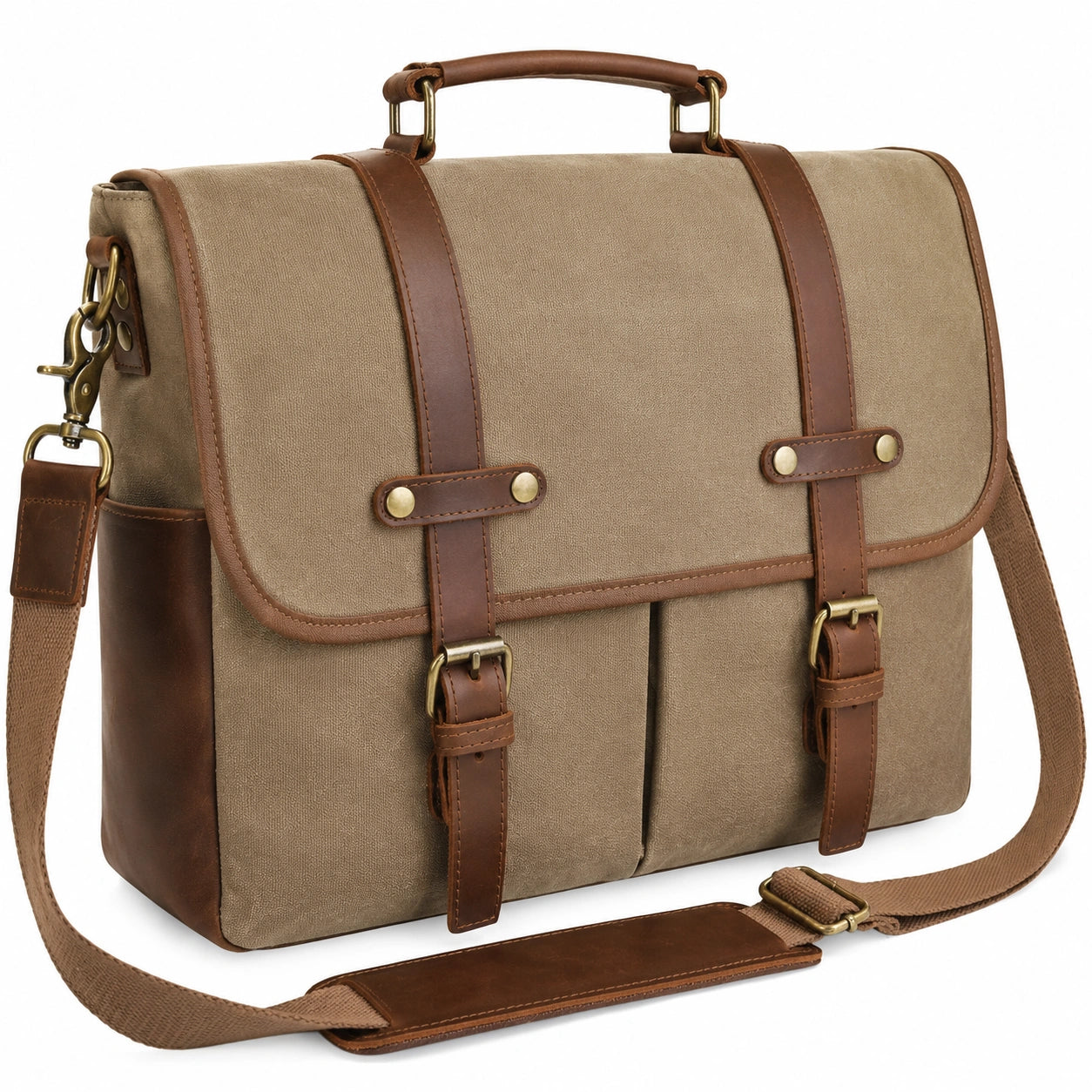 Maletín Bandolera de Hombro en Lona Beige y Cuero Marrón para Hombre