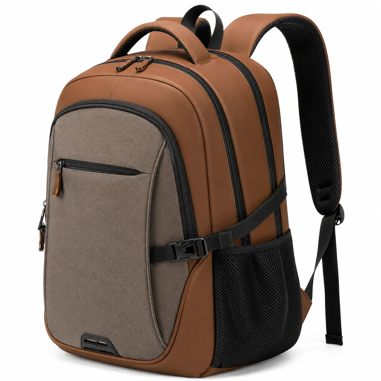 Mochila casual marrón y negra con compartimentos múltiples y correas acolchadas
