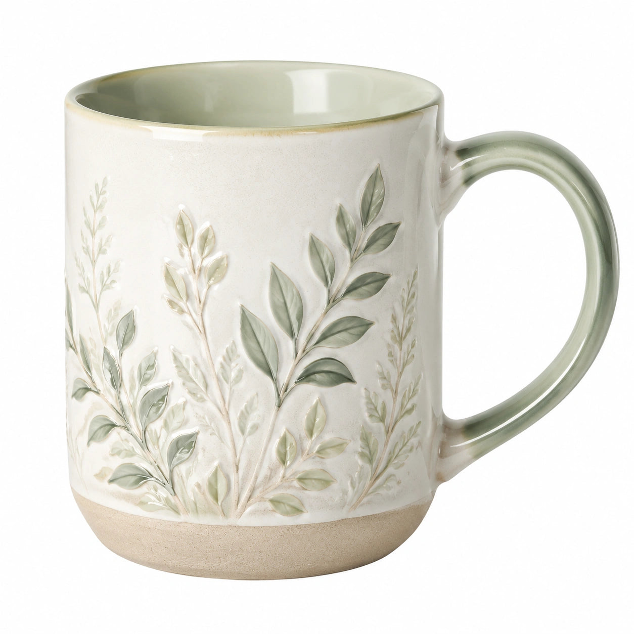 Taza de Cerámica con Diseño de Hojas en Relieve 350ml Verde