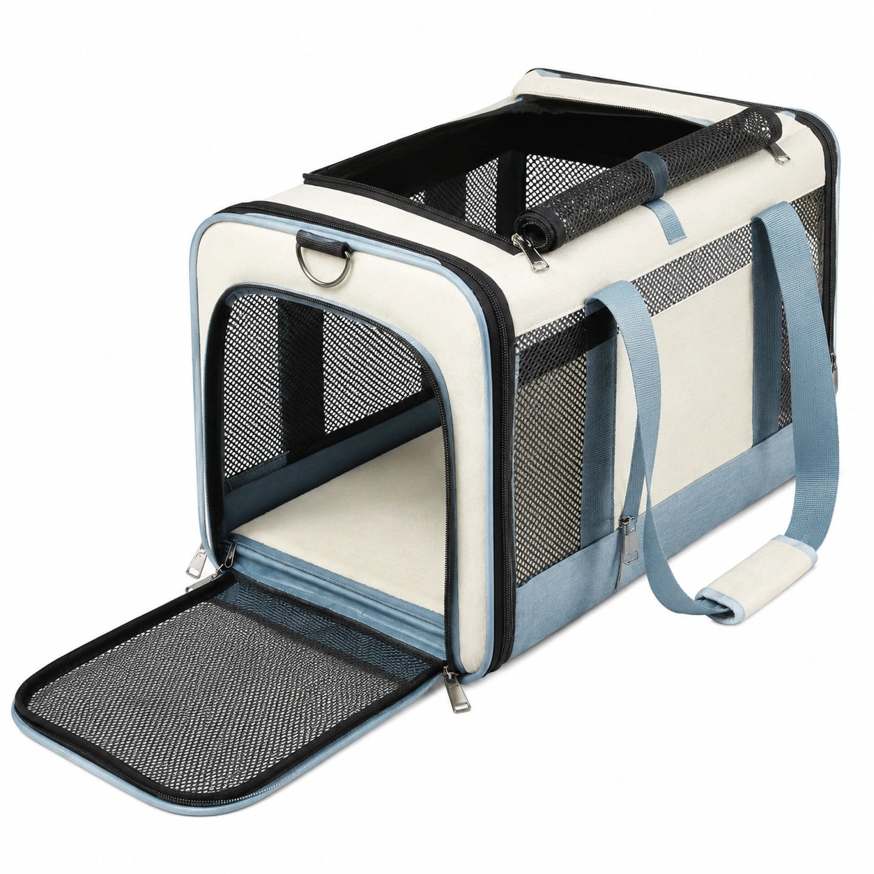 Transportín Plegable para Mascotas Pequeñas Beige y Azul