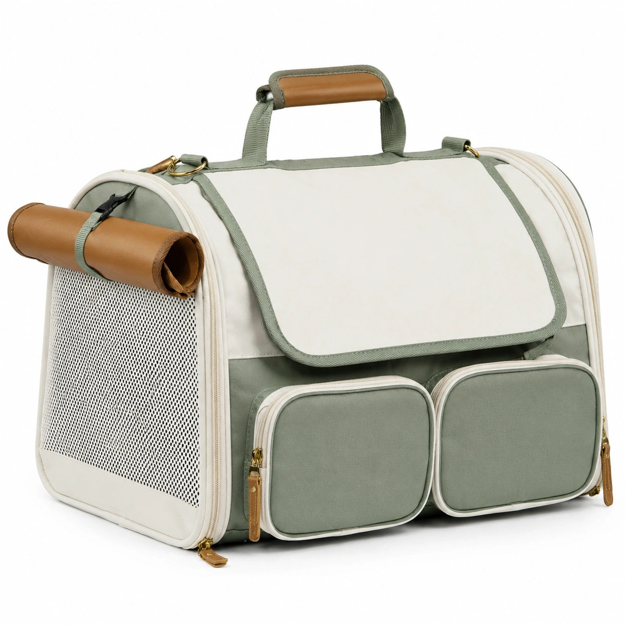 Transportín Moderno para Mascotas con Ventilación y Bolsillos Verde y Beige