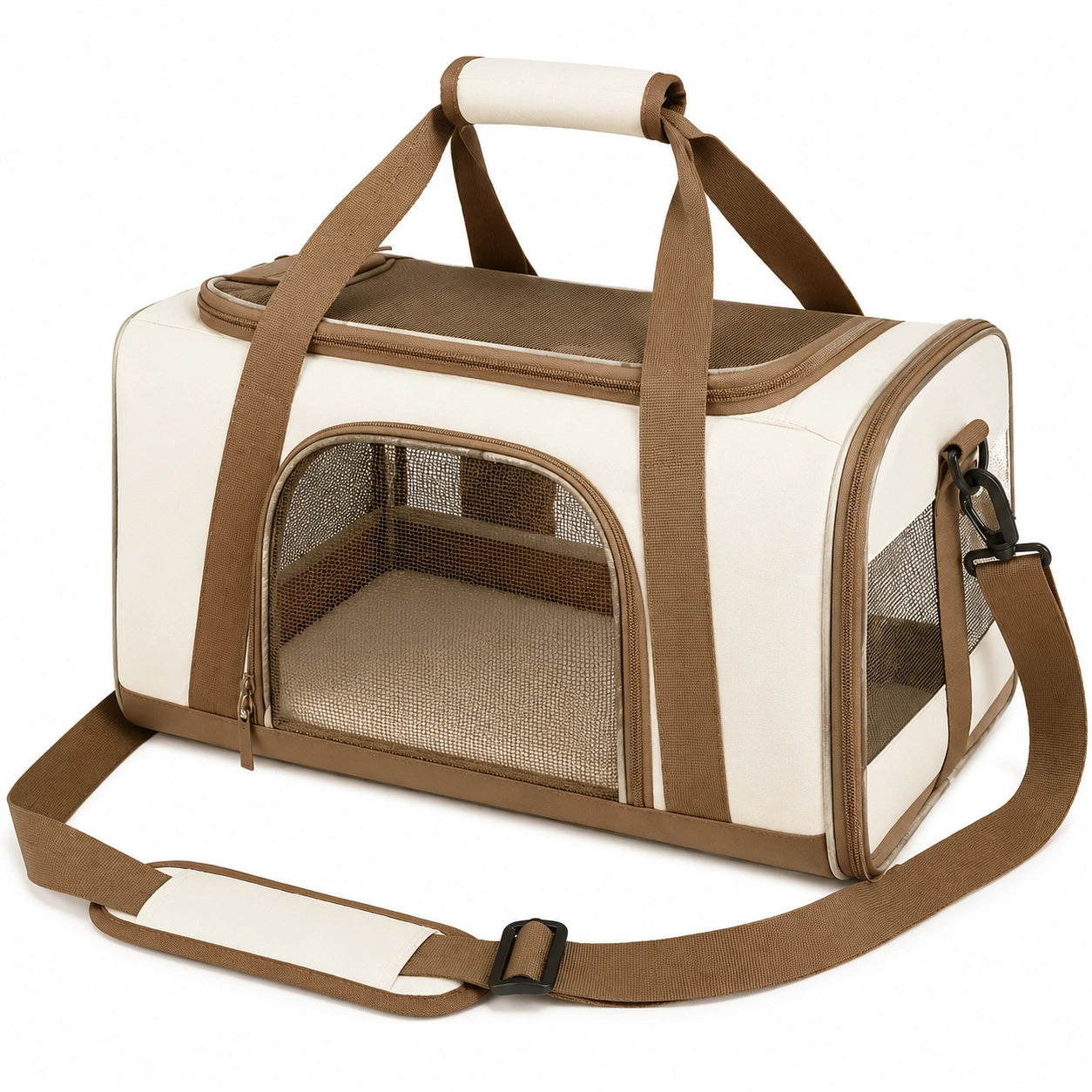 Transportín para Mascotas con Ventana de Malla y Correa Ajustable Beige/Marrón